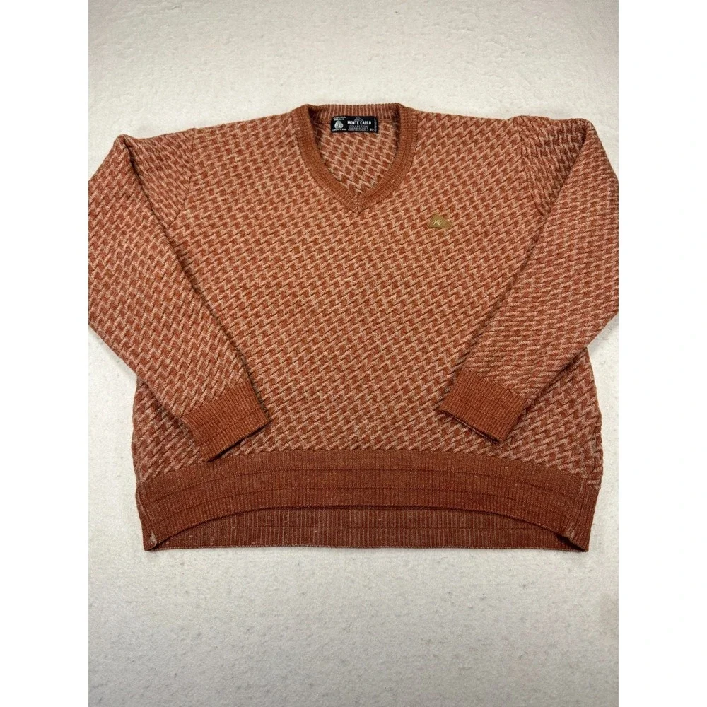 Monte‎ Carlo Collection Sweater Mens 42 Brown Houndstooth Wool Shrink Resist